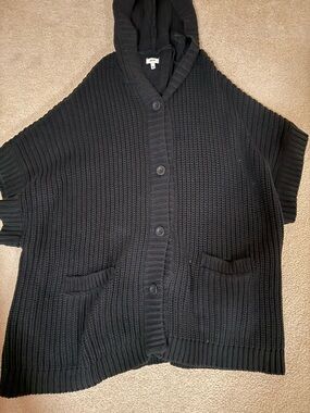 aerie Black Hooded Rib-Knit Button-Front Cardigan Poncho - oversized, soft.
